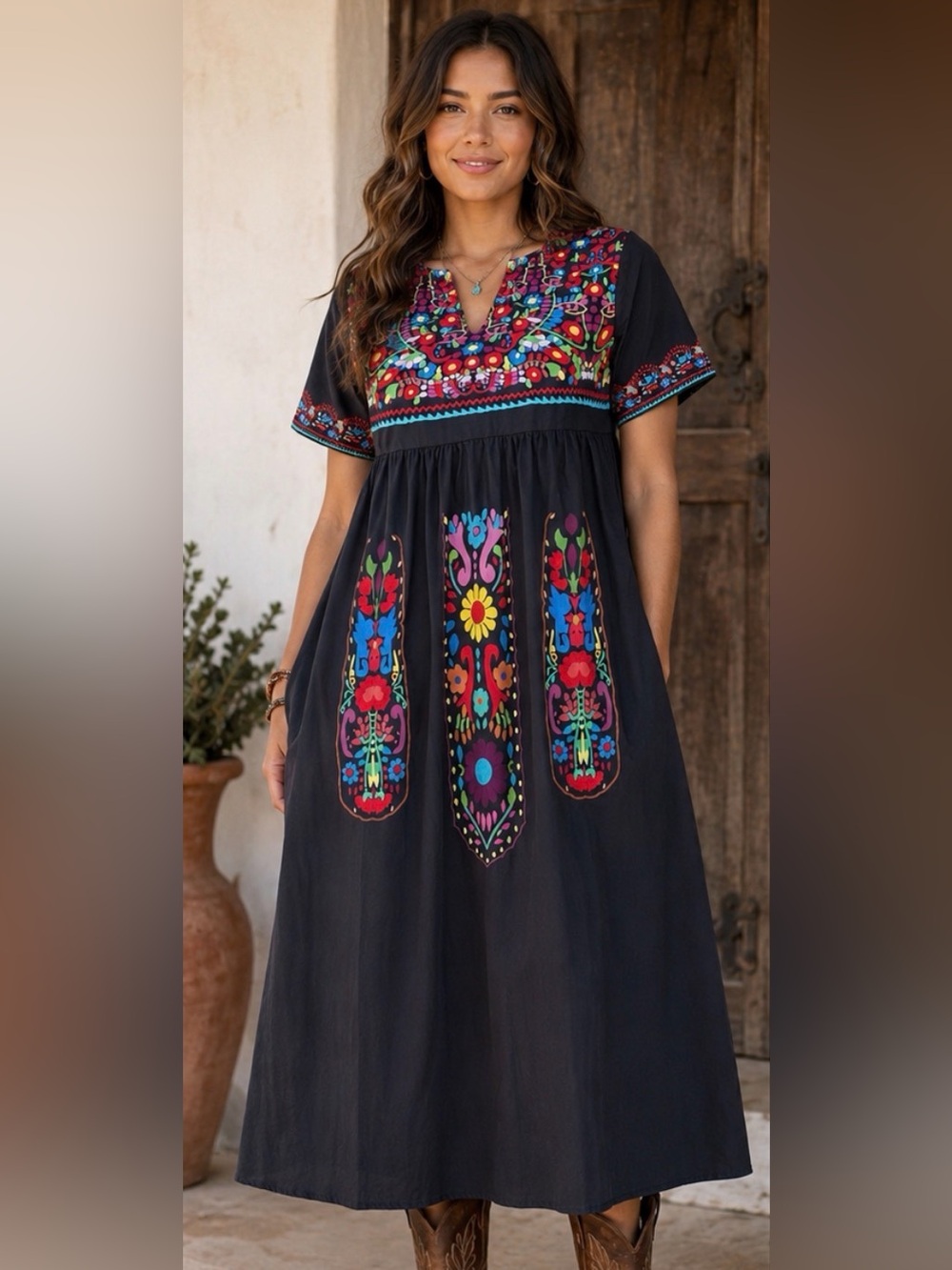 Mexican Folk Art Print Maxi Dress Black Floral Boho Peasant Size L